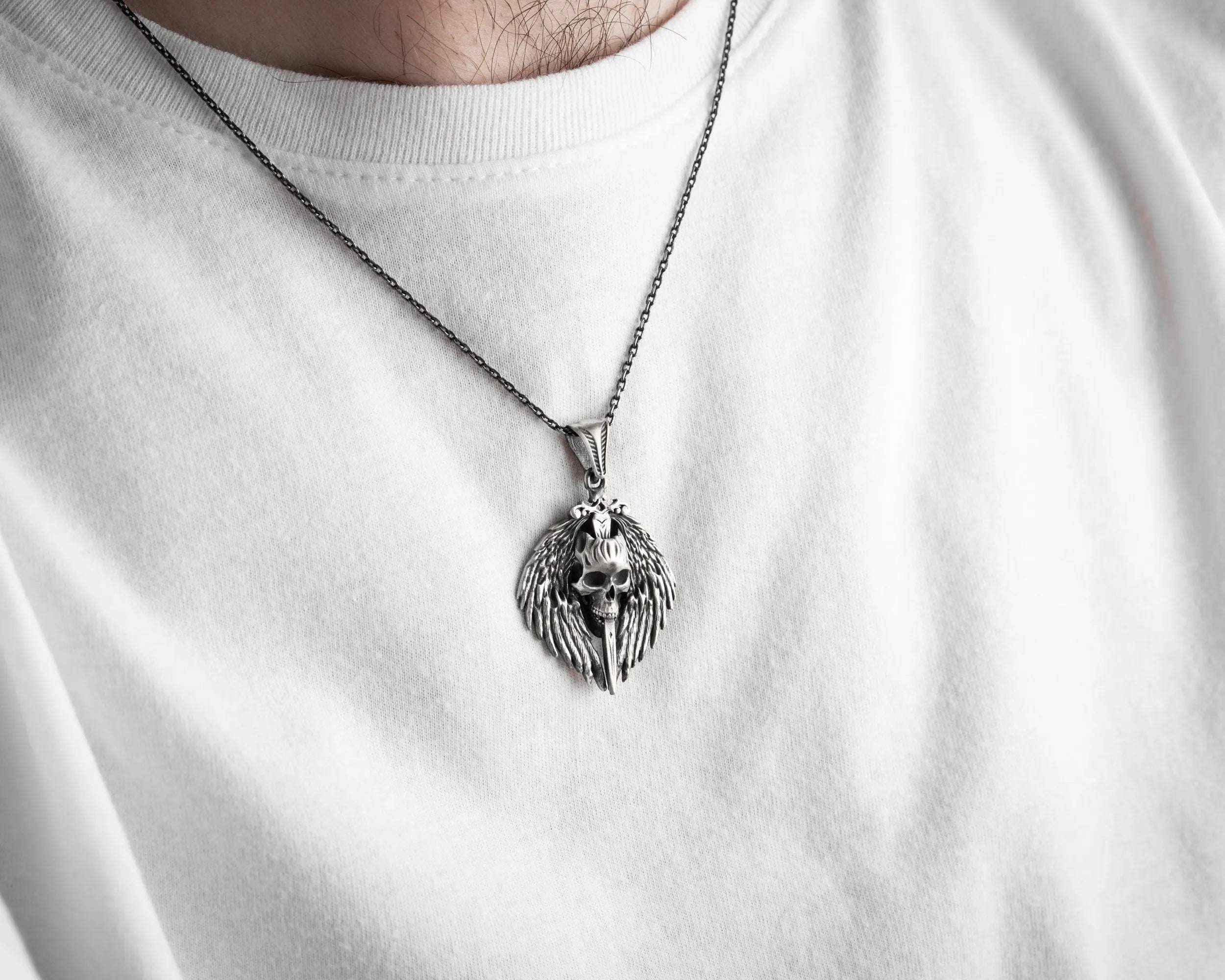 Oxidized Sterling Silver Skull Sword Necklace: Vintage Skull Charm