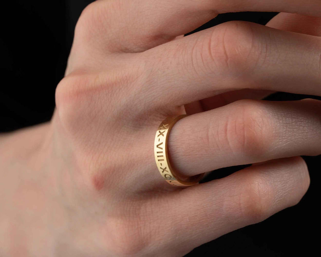 Solid Gold Roman Numeral Date Ring: Personalized Anniversary Jewelry