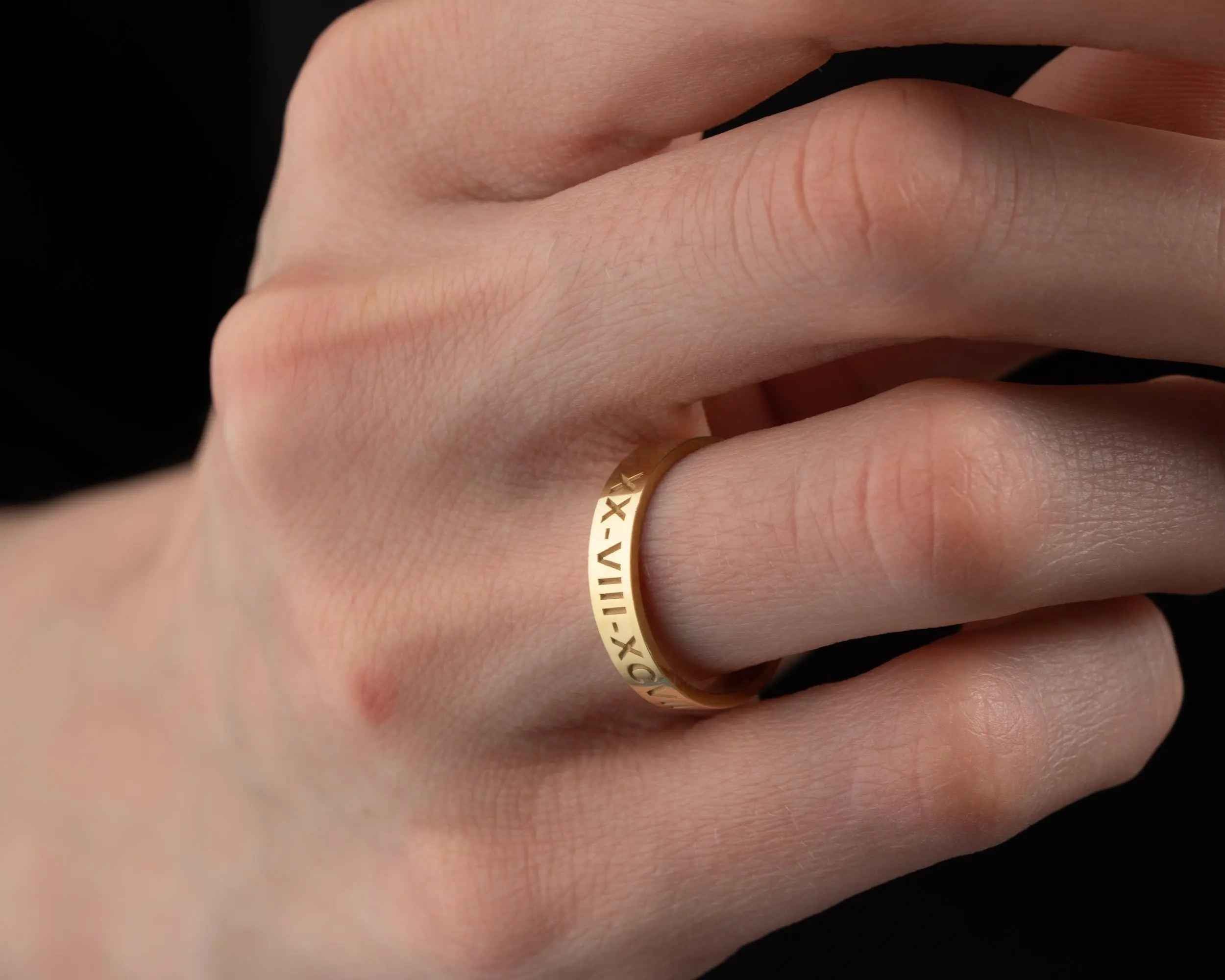 Solid Gold Roman Numeral Date Ring: Personalized Anniversary Jewelry