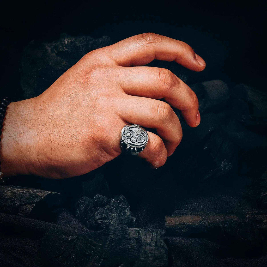 Sterling Silver Steampunk Gear Ring: Mechanical Gothic Jewelry