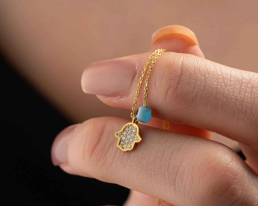 Gold Hamsa Necklace: Sterling Silver Fatima Hand Pendant