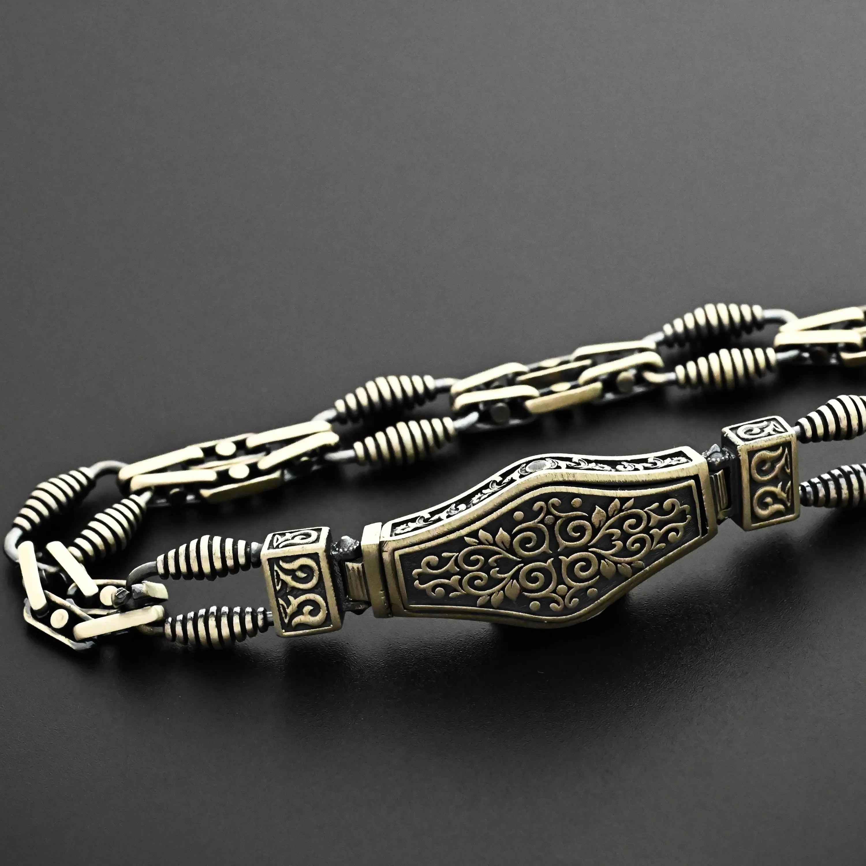 925 Sterling Silver Men’s Bracelet with Ornate Lock | Handmade Gothic Chain Bracelet