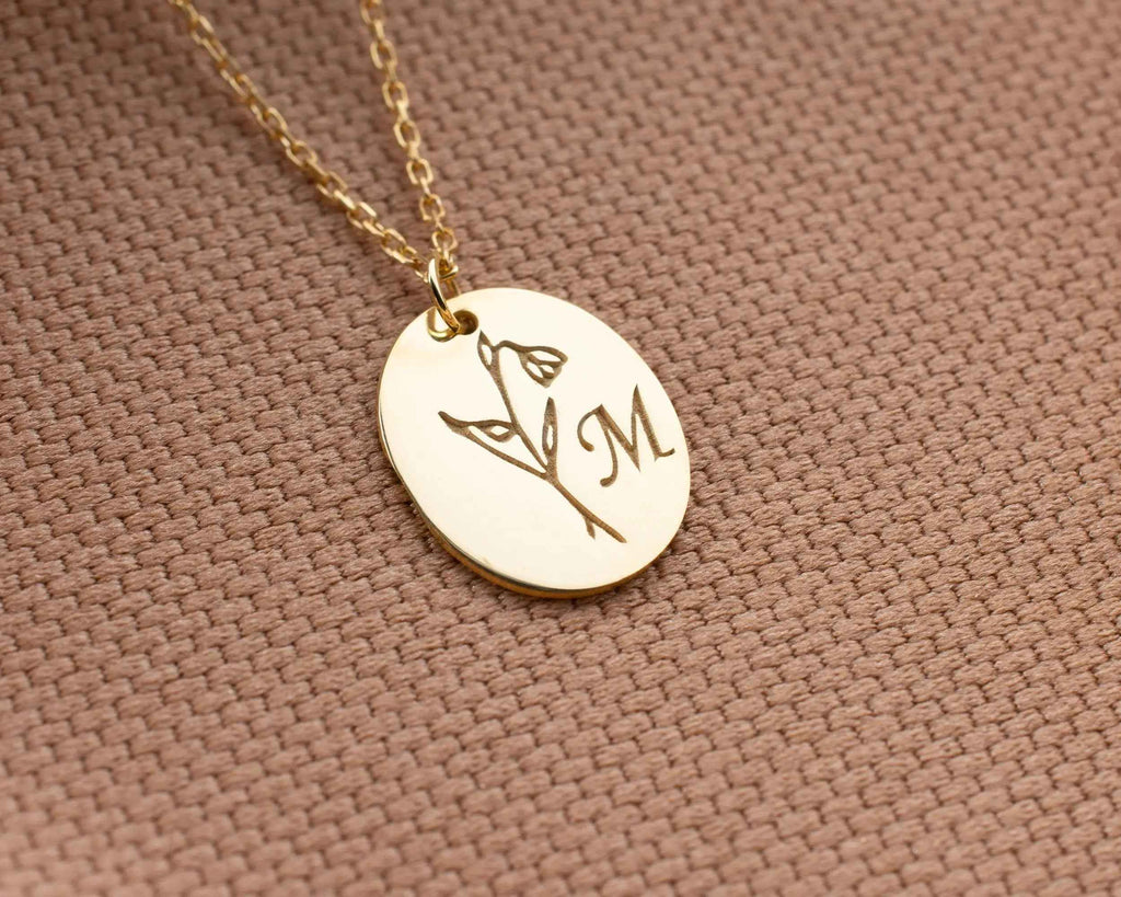 Birth Flower Initial Necklace: Engraved Sterling Silver Personalized Jewelry