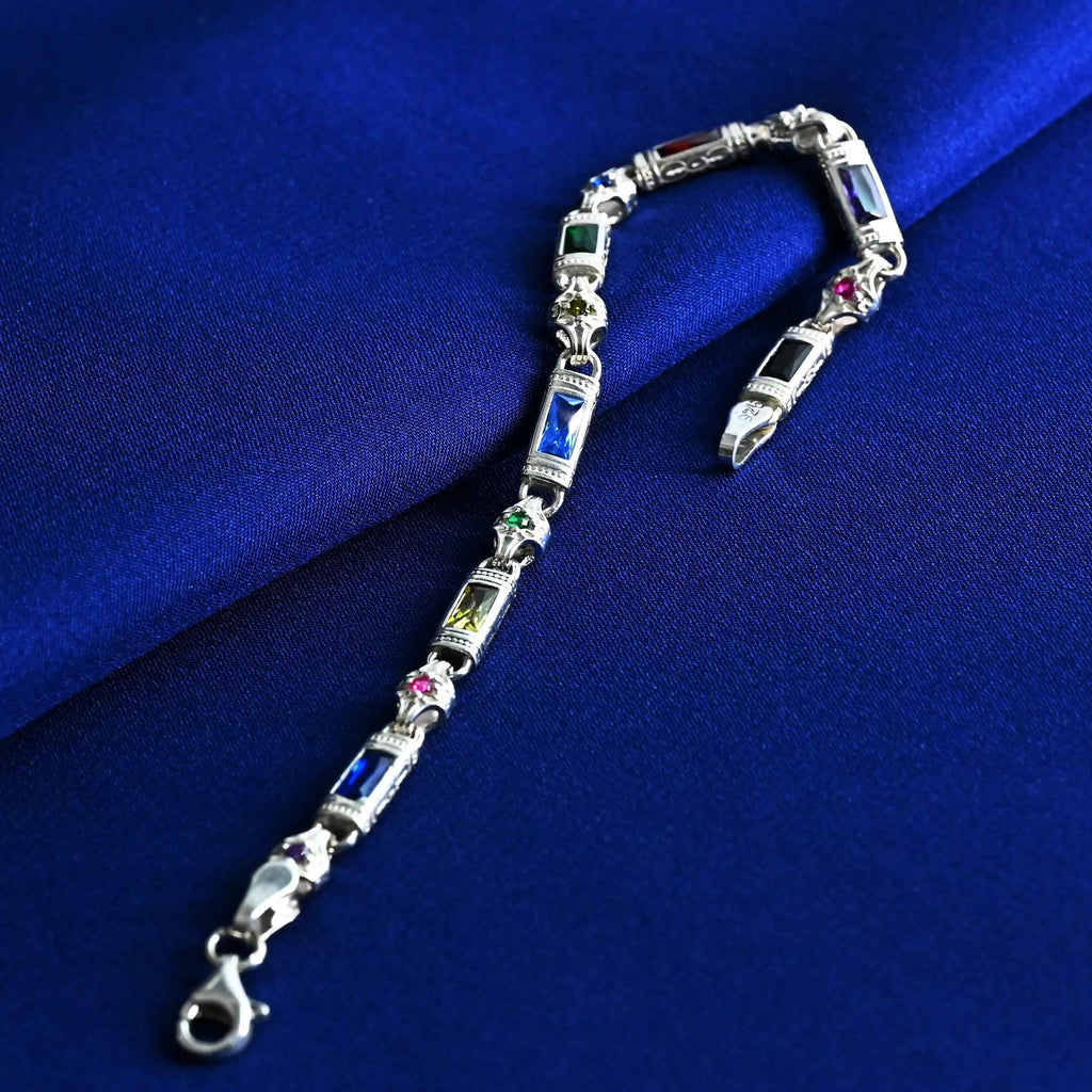 Multicolor Baguette Stone Sterling Silver Bracelet – Men’s Statement Jewelry, Gift for Him