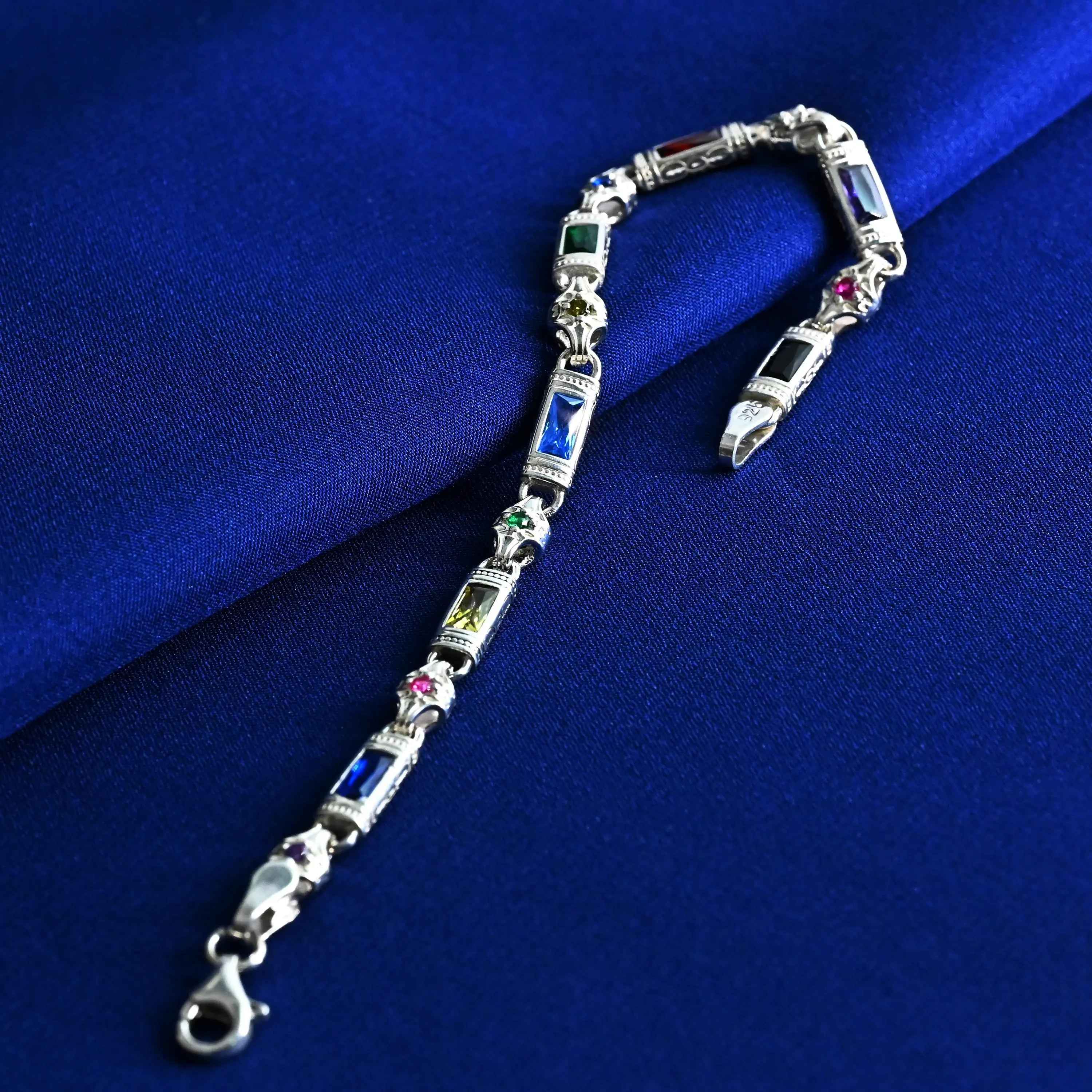 Multicolor Baguette Stone Sterling Silver Bracelet – Men’s Statement Jewelry, Gift for Him