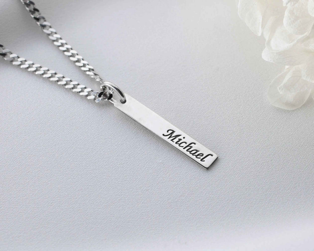 Personalized Sterling Silver Bar Necklace: Engraved Name, Morse Code, Coordinates