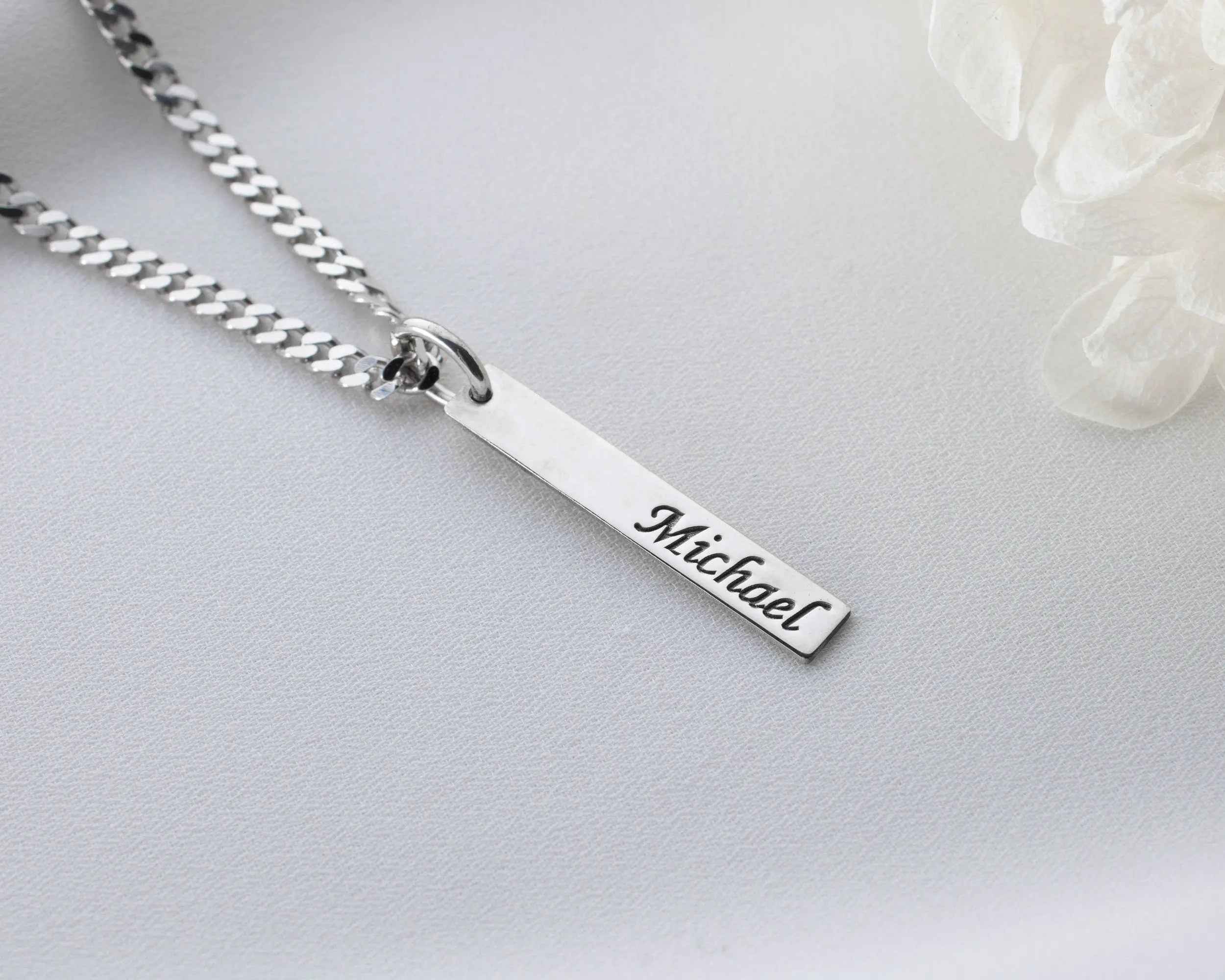 Personalized Sterling Silver Bar Necklace: Engraved Name, Morse Code, Coordinates