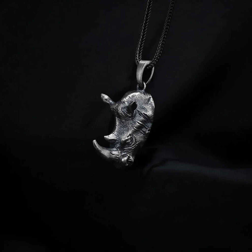 Oxidized Sterling Silver Rhino Pendant, Animal Necklace for Men