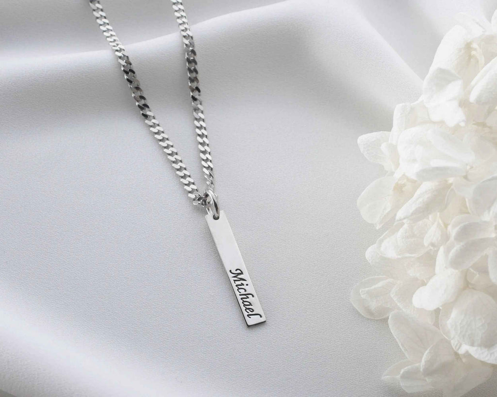 Personalized Sterling Silver Bar Necklace: Engraved Name, Morse Code, Coordinates