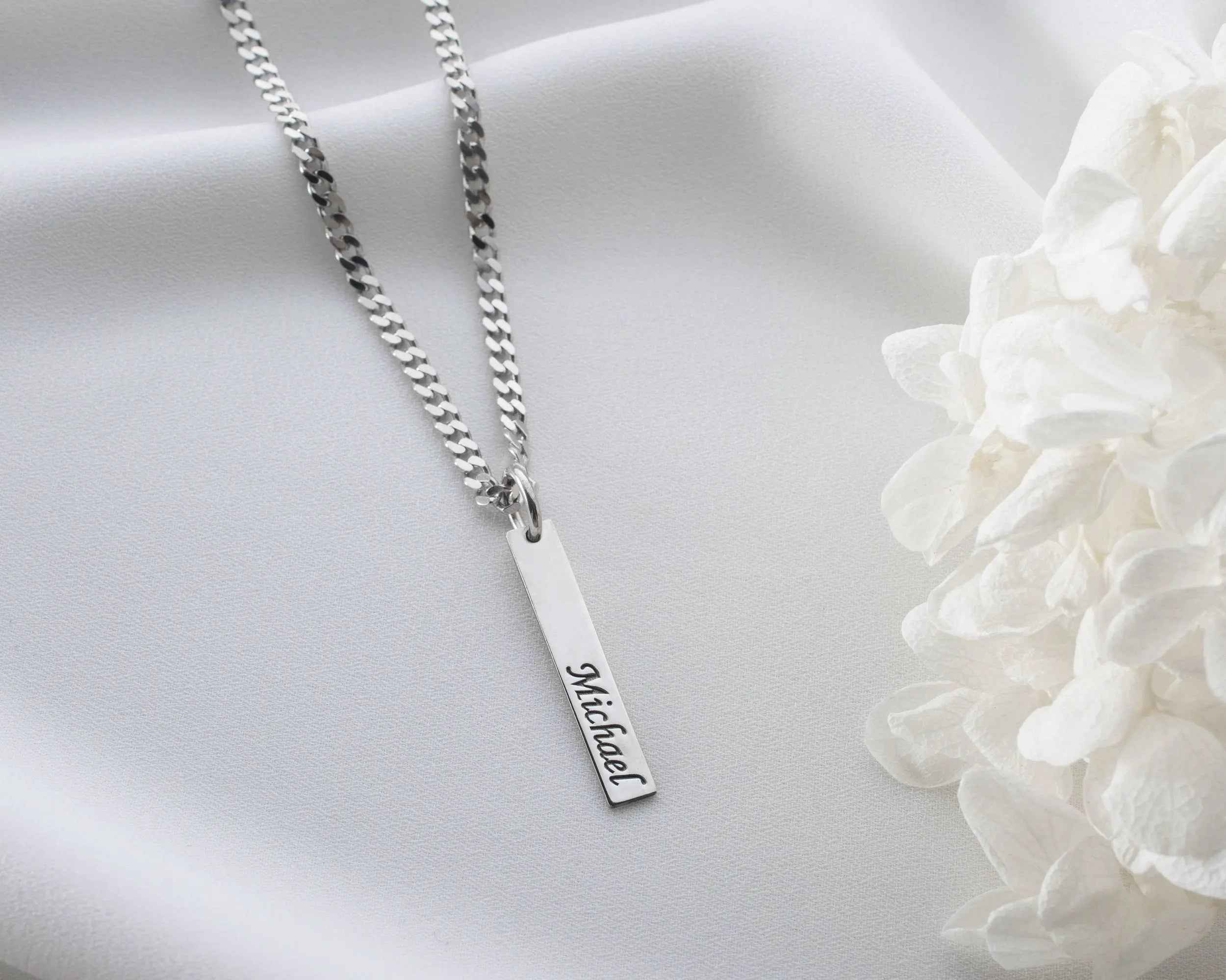 Personalized Sterling Silver Bar Necklace: Engraved Name, Morse Code, Coordinates