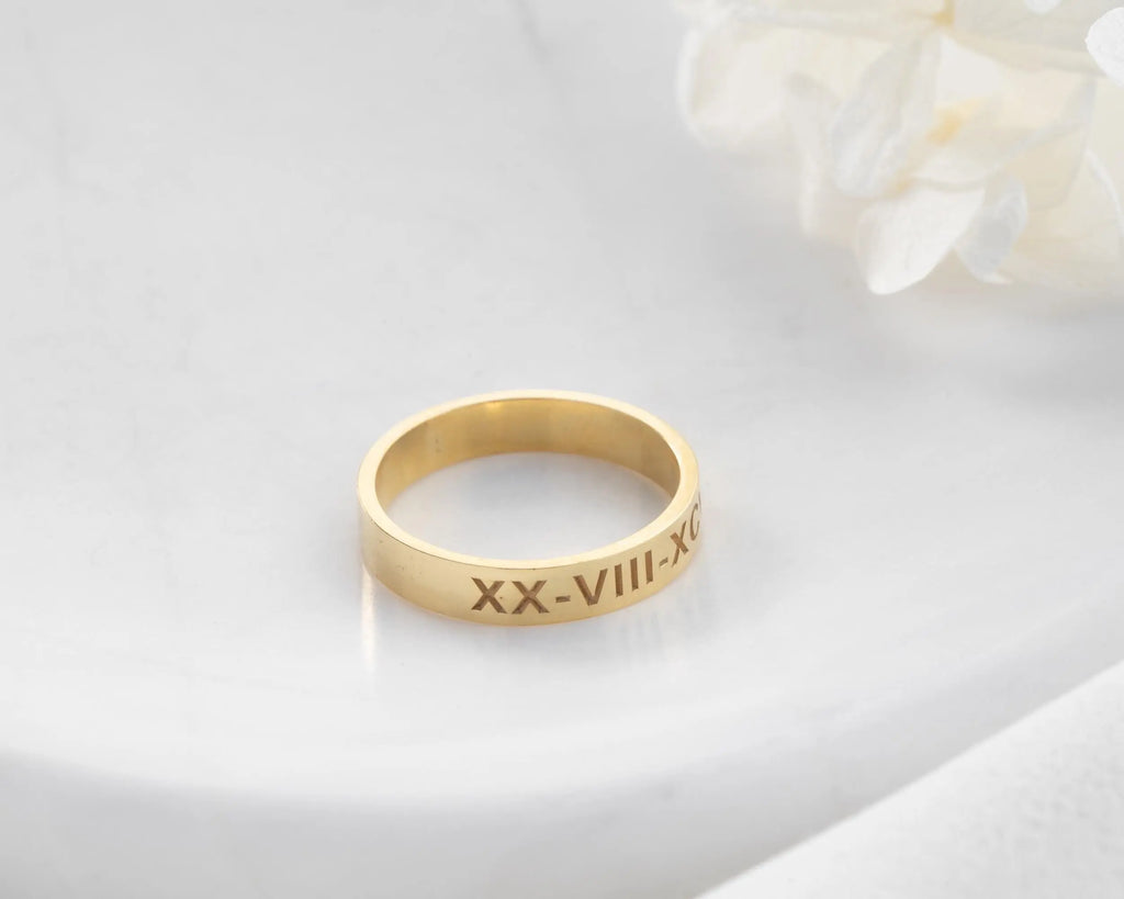 Solid Gold Roman Numeral Date Ring: Personalized Anniversary Jewelry   Charmora Jewelry