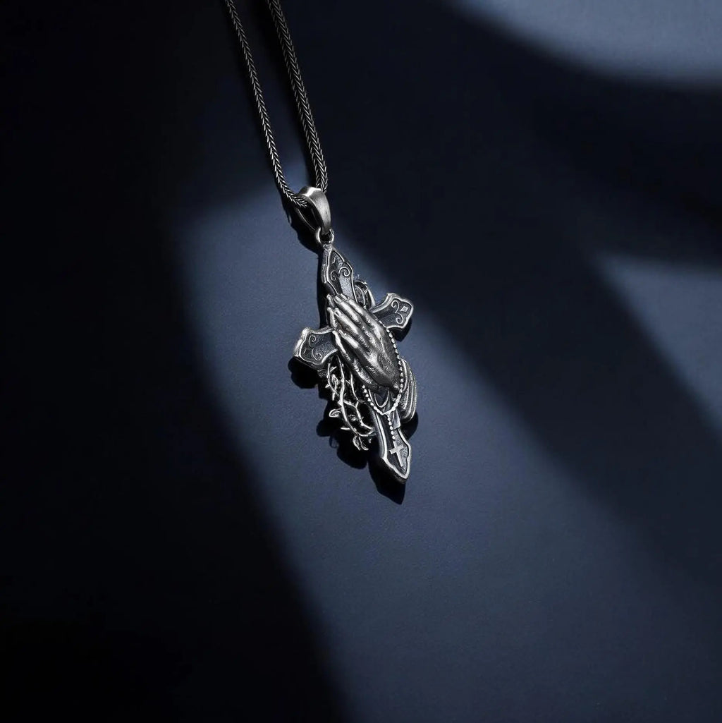 Sterling Silver Praying Hands Cross Necklace, Religious Pendant   Charmora Jewelry