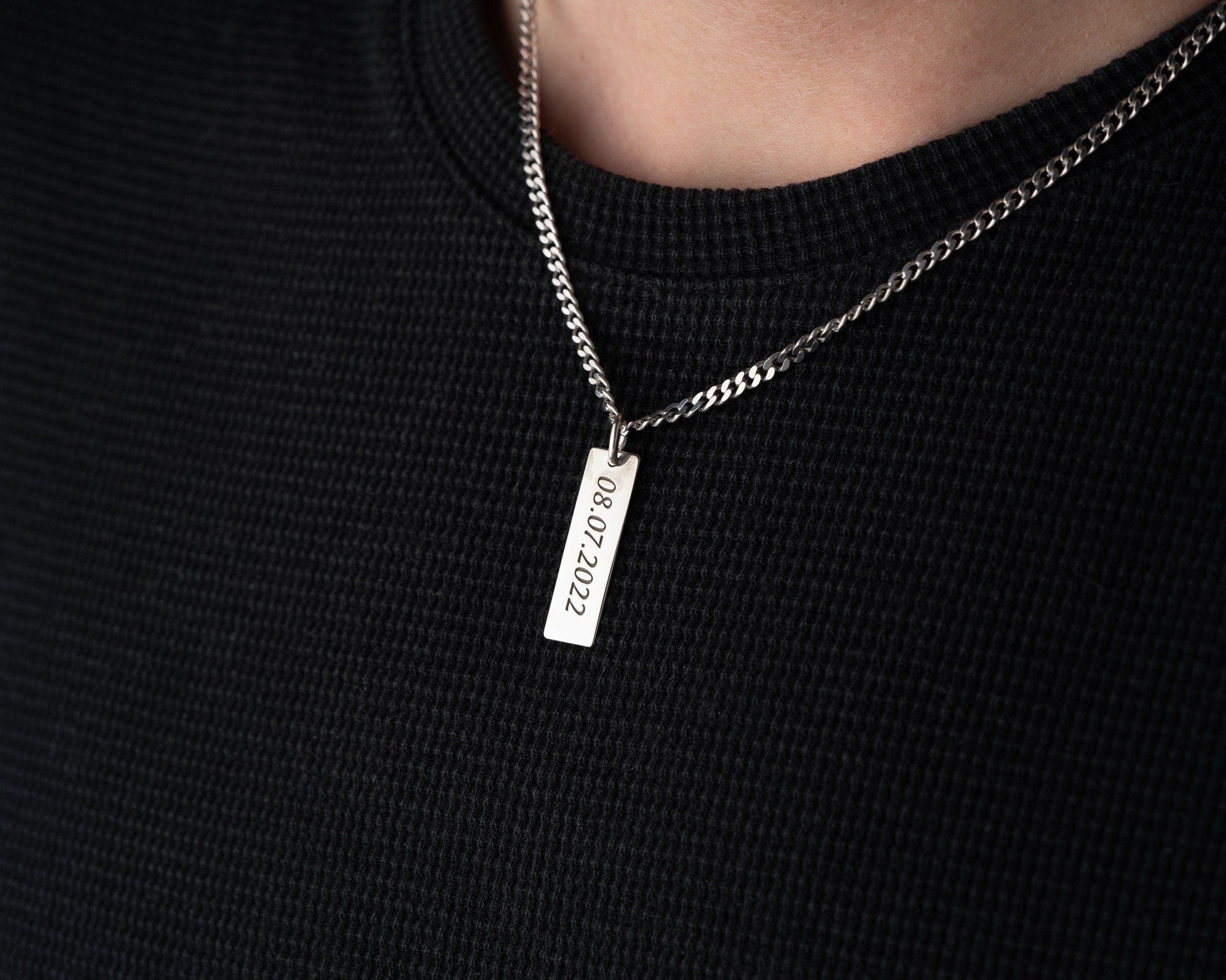 Engraved Sterling Silver Bar Necklace for Men – Personalized Gift