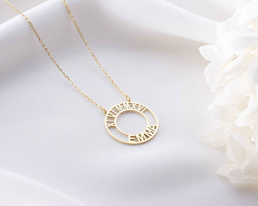 Gold Roman Numeral Necklace: Custom Birthdate Name Pendant