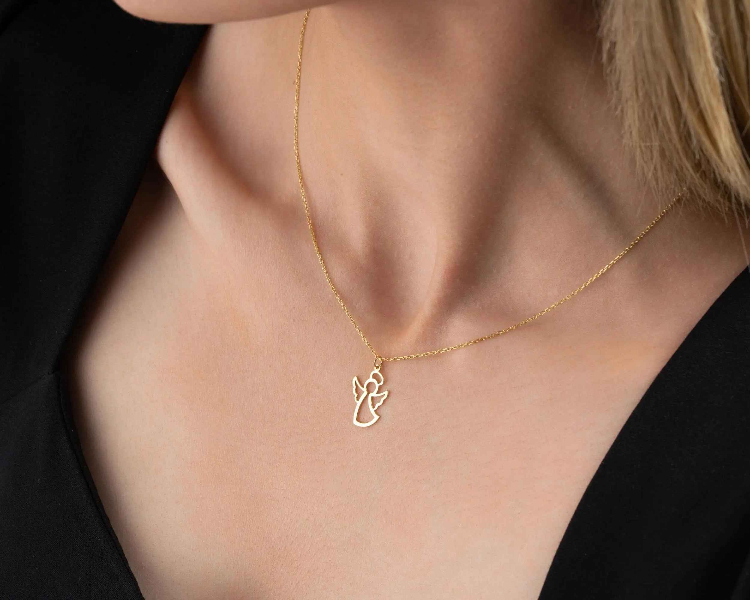 Solid Gold Angel Wing Necklace: 10K-18K Gold Pendant