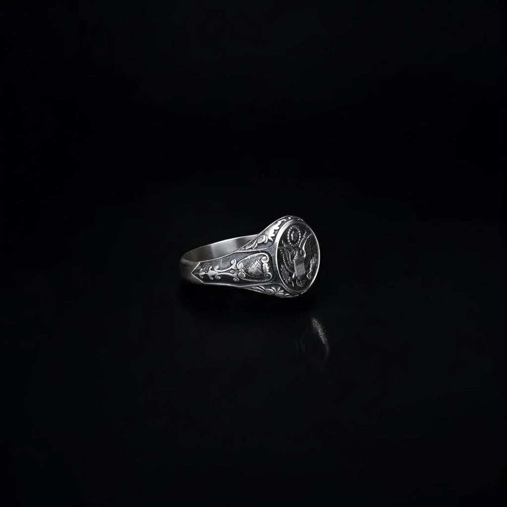Mens Sterling Silver American Coat of Arms Ring: Patriotic USA Jewelry   Charmora Jewelry
