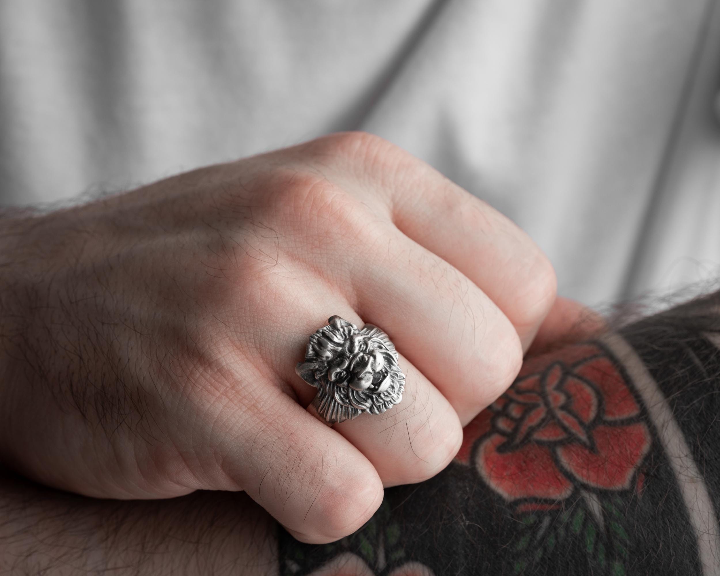 Sterling Silver Lion Head Ring - Handmade Mens Jewelry