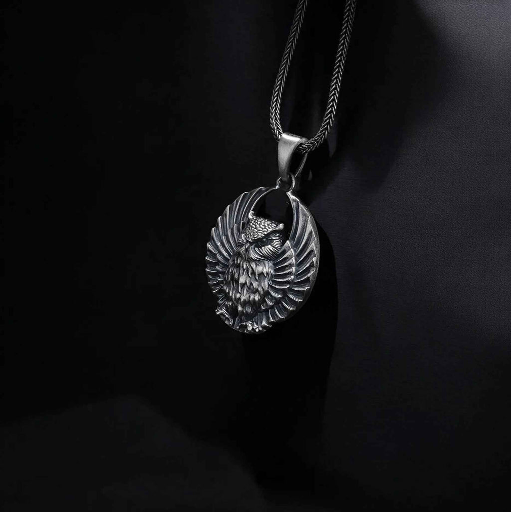 Sterling Silver Owl Pendant Necklace: Open Wings, Night Bird Jewelry