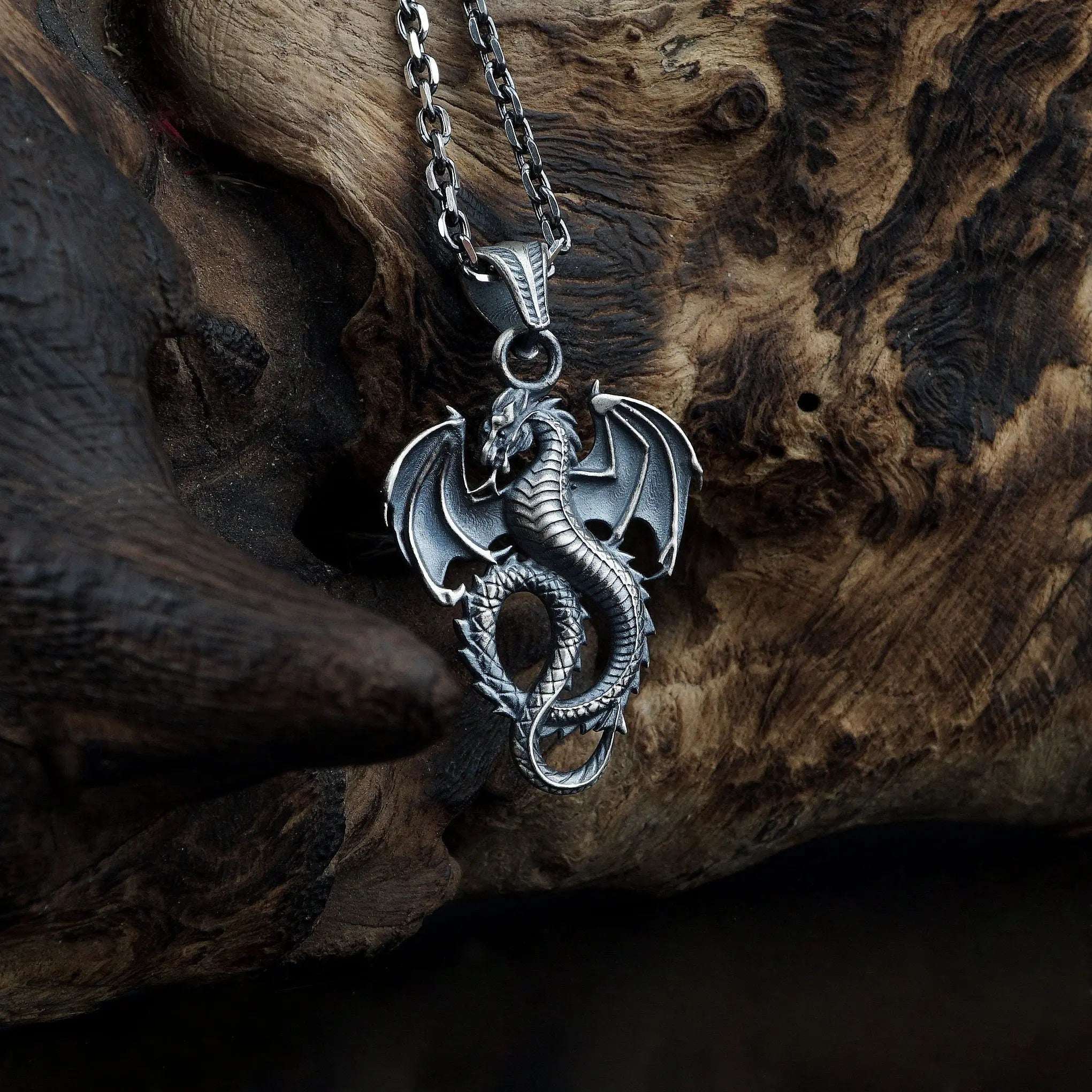 Sterling Silver Winged Dragon Necklace - Mens Pendant Jewelry   Charmora Jewelry