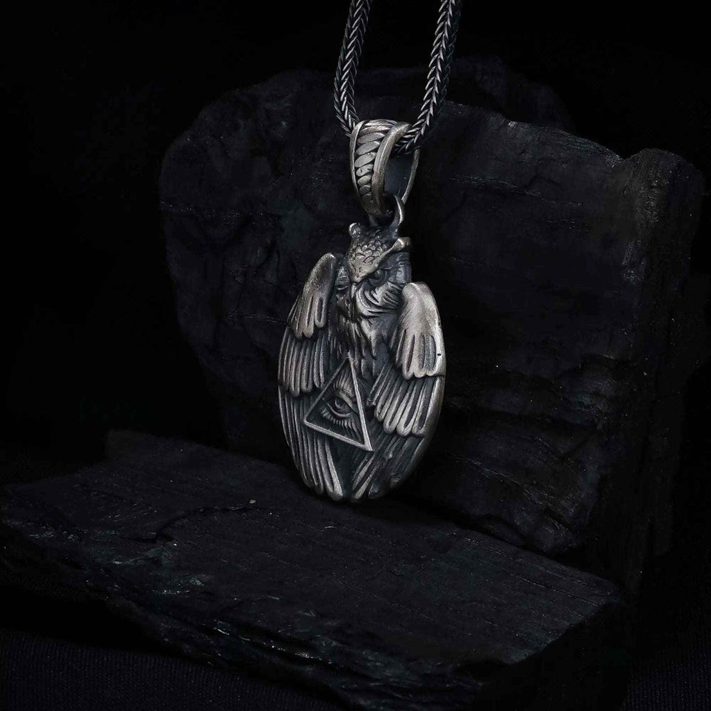 Sterling Silver Owl Pendant Necklace: All-Seeing Eye Illuminati Symbol