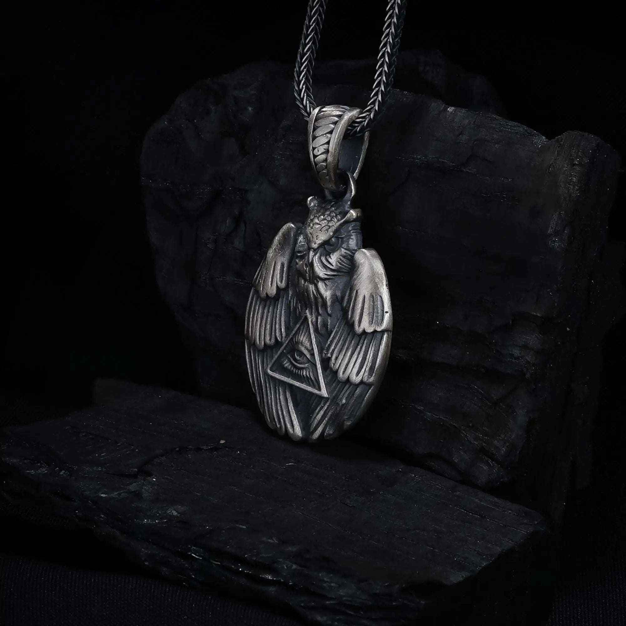 Sterling Silver Owl Pendant Necklace: All-Seeing Eye Illuminati Symbol