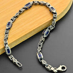 Sterling Silver Men's Bracelet: Blue Zircon Vintage Link Design