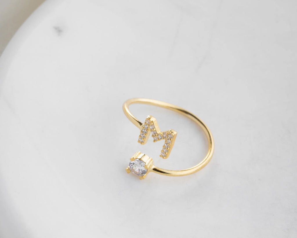 Solid Gold Initial Ring with Stone: Personalized Letter Ring   Charmora Jewelry