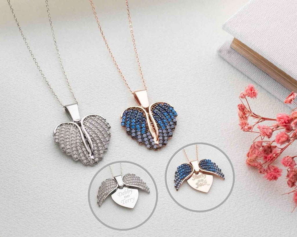 Engraved Angel Wing Heart Necklace: Sterling Silver Personalized Pendant