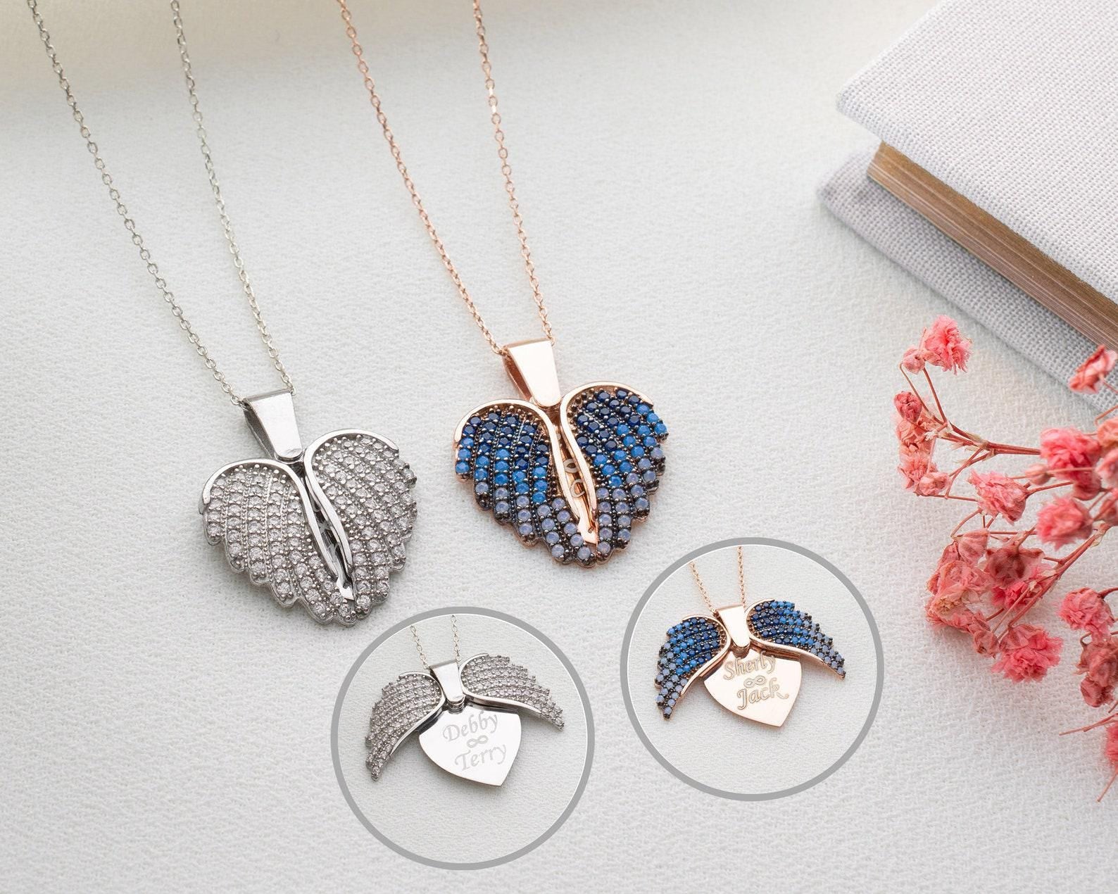 Engraved Angel Wing Heart Necklace: Sterling Silver Personalized Pendant