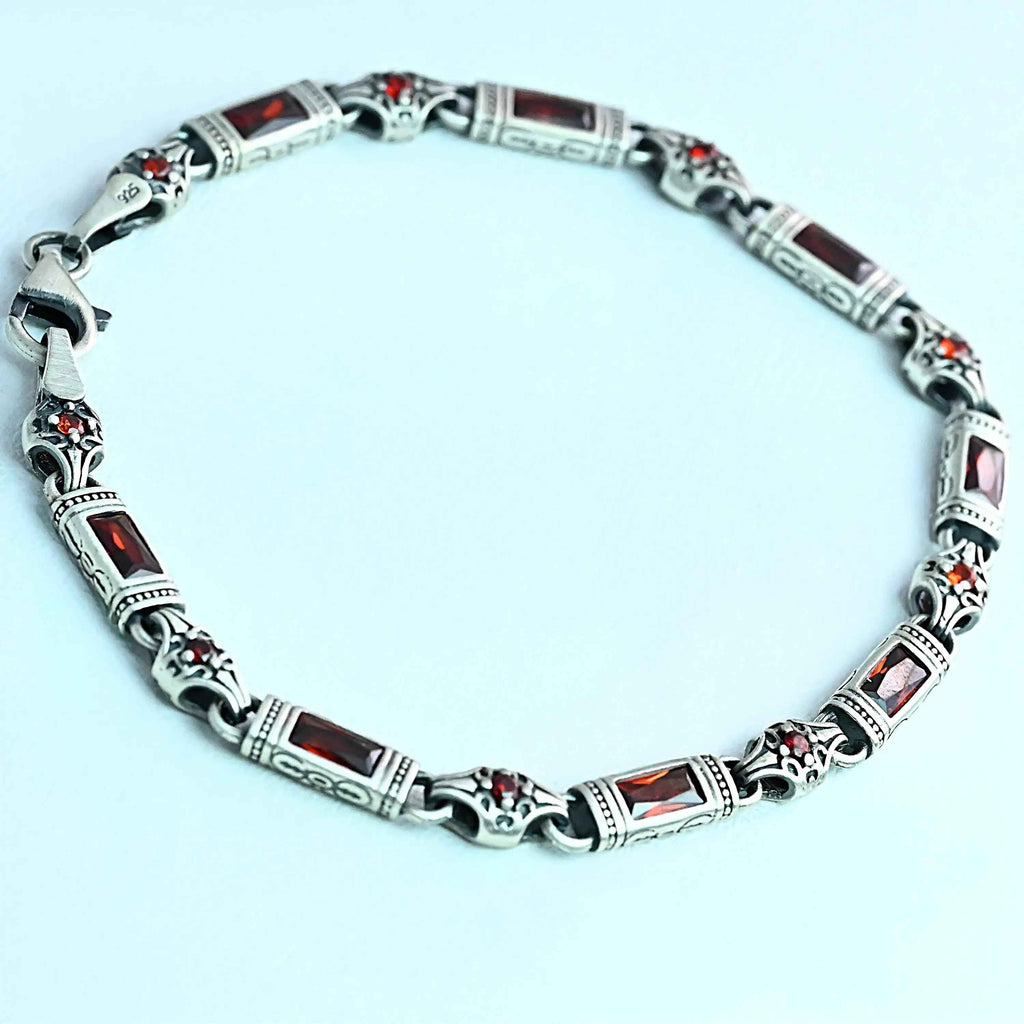 Sterling Silver Men’s Bracelet with Garnet Baguette Stones – Gift for Him