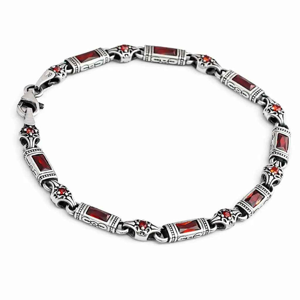 Sterling Silver Men’s Bracelet with Garnet Baguette Stones – Gift for Him