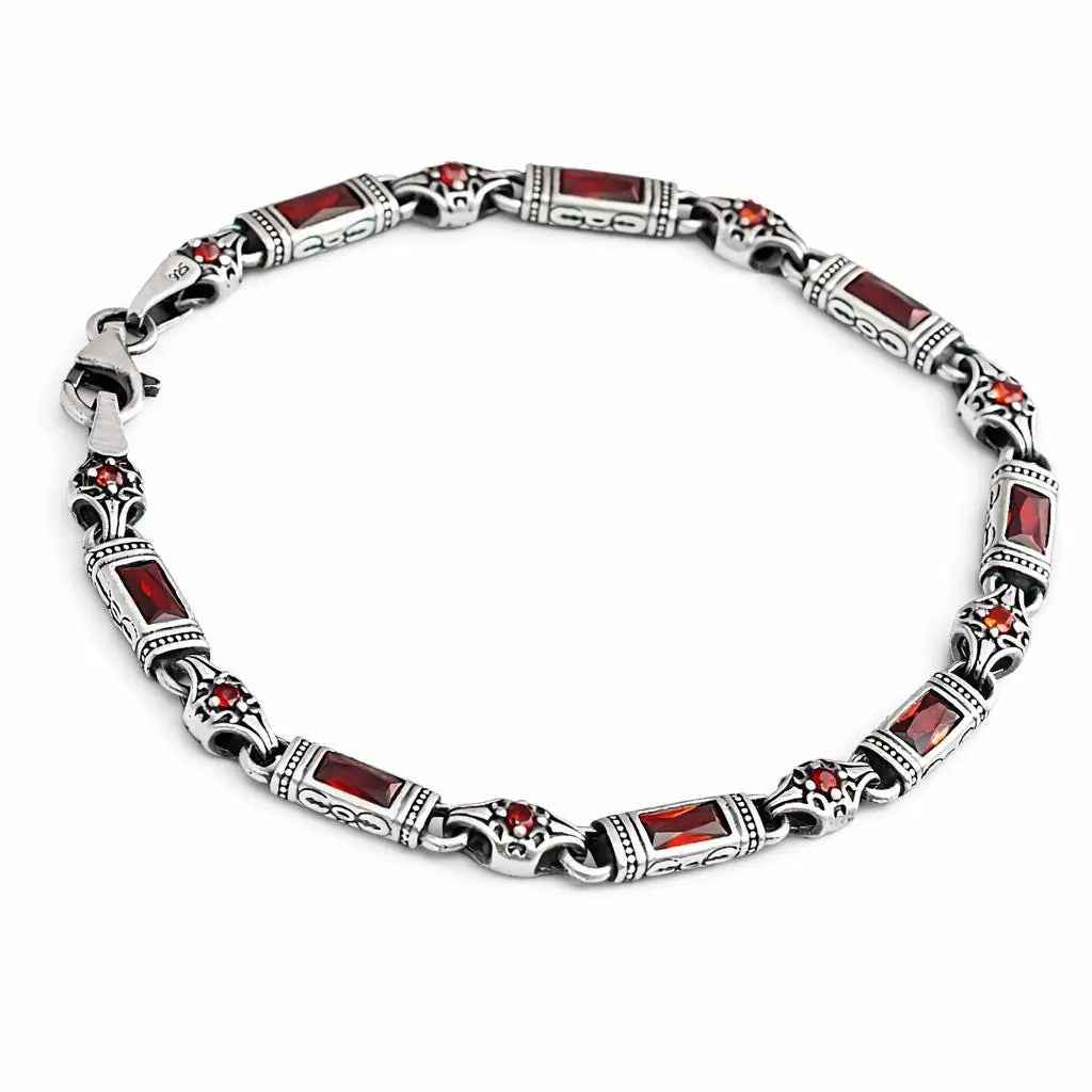 Sterling Silver Men’s Bracelet with Garnet Baguette Stones – Gift for Him
