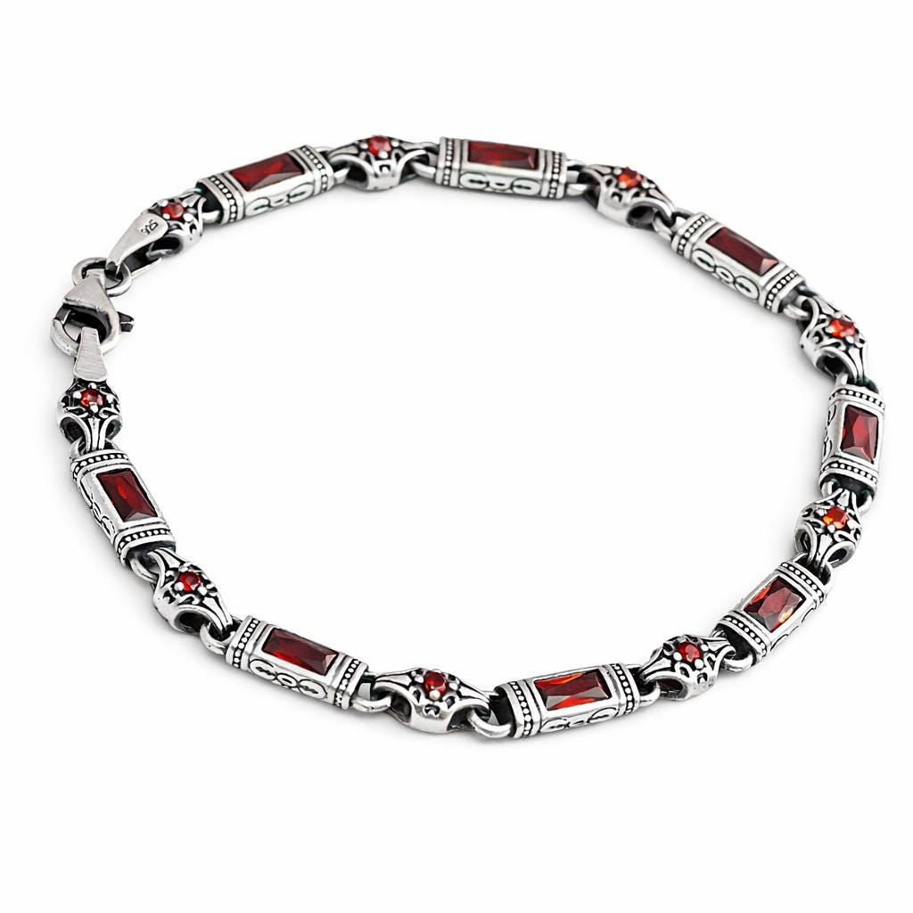 Bracelet homme en argent sterling avec pierres de grenat baguette – Cadeau pour lui