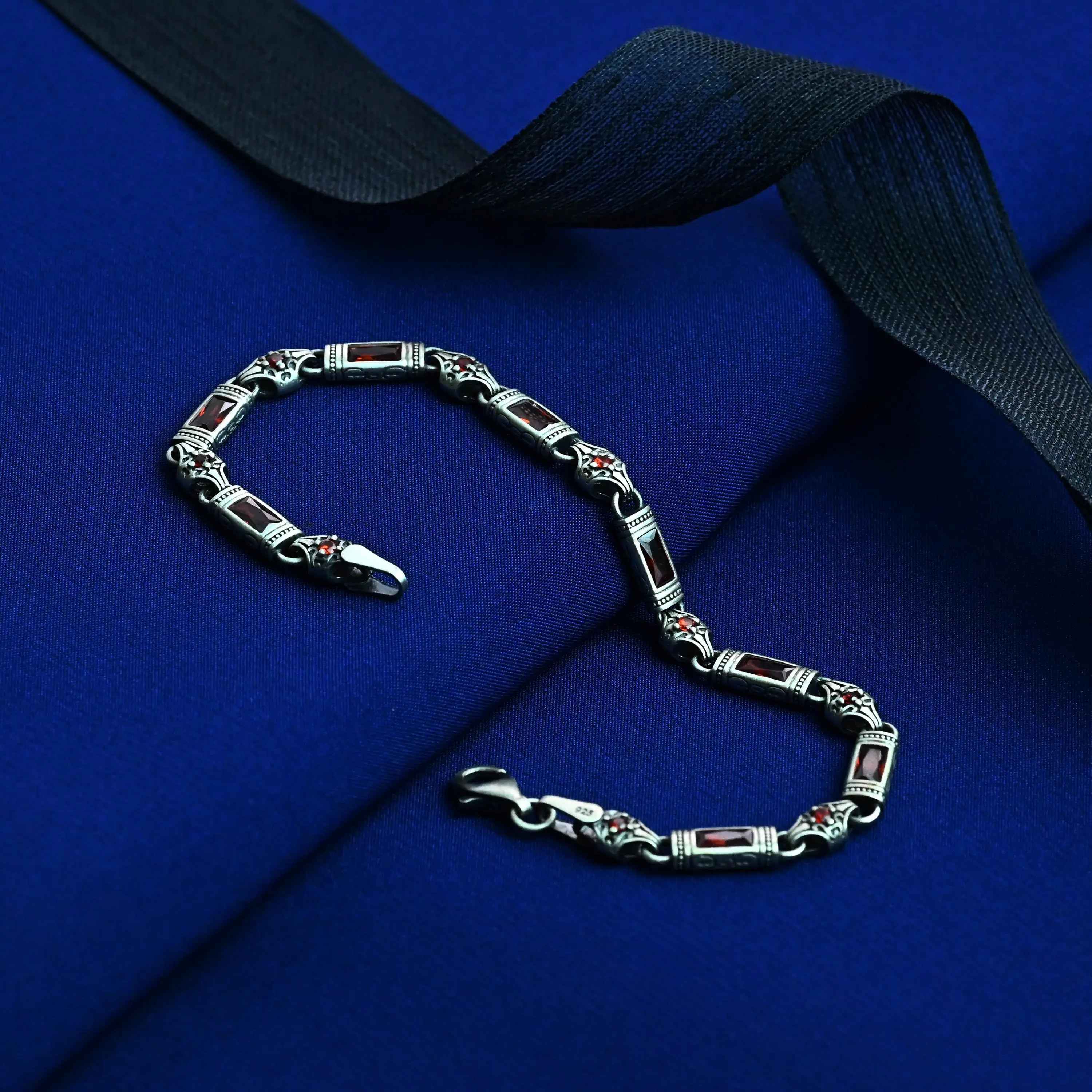 Sterling Silver Men’s Bracelet with Garnet Baguette Stones – Gift for Him