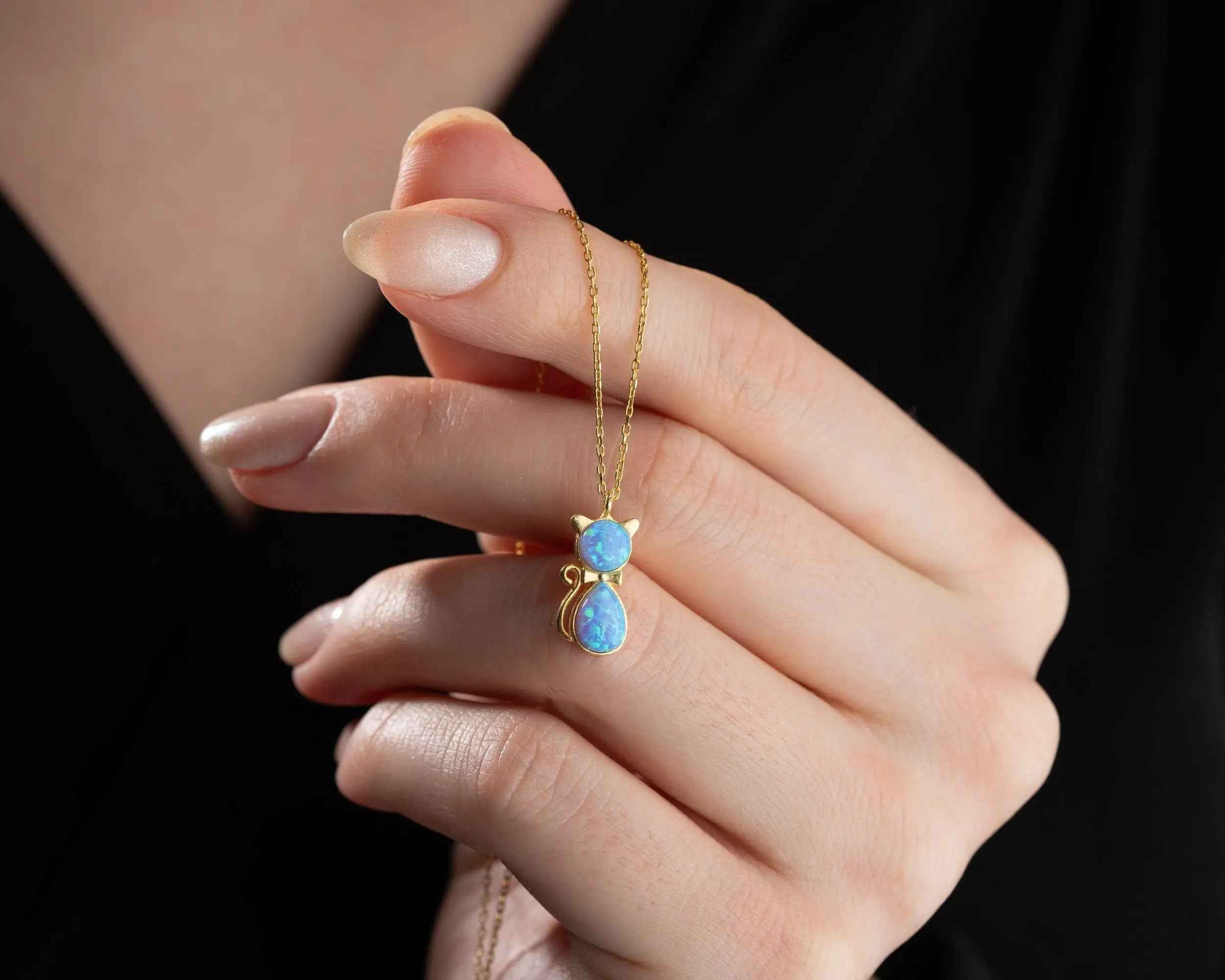 Sterling Silver Cat Necklace: Opal Stone, Rose Gold Finish