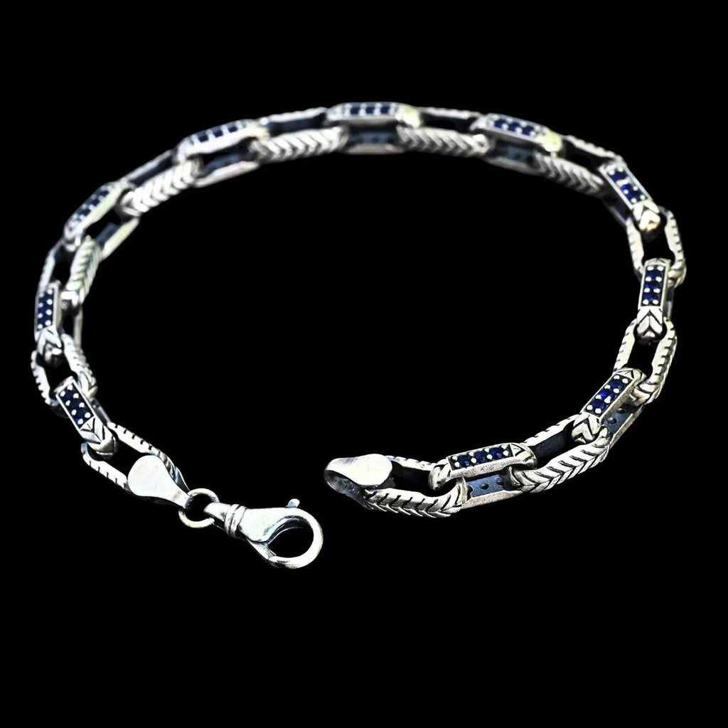925 Sterling Silver Men’s Bracelet with Blue Stones, Handmade Chain Bracelet, Bold Masculine Jewelry