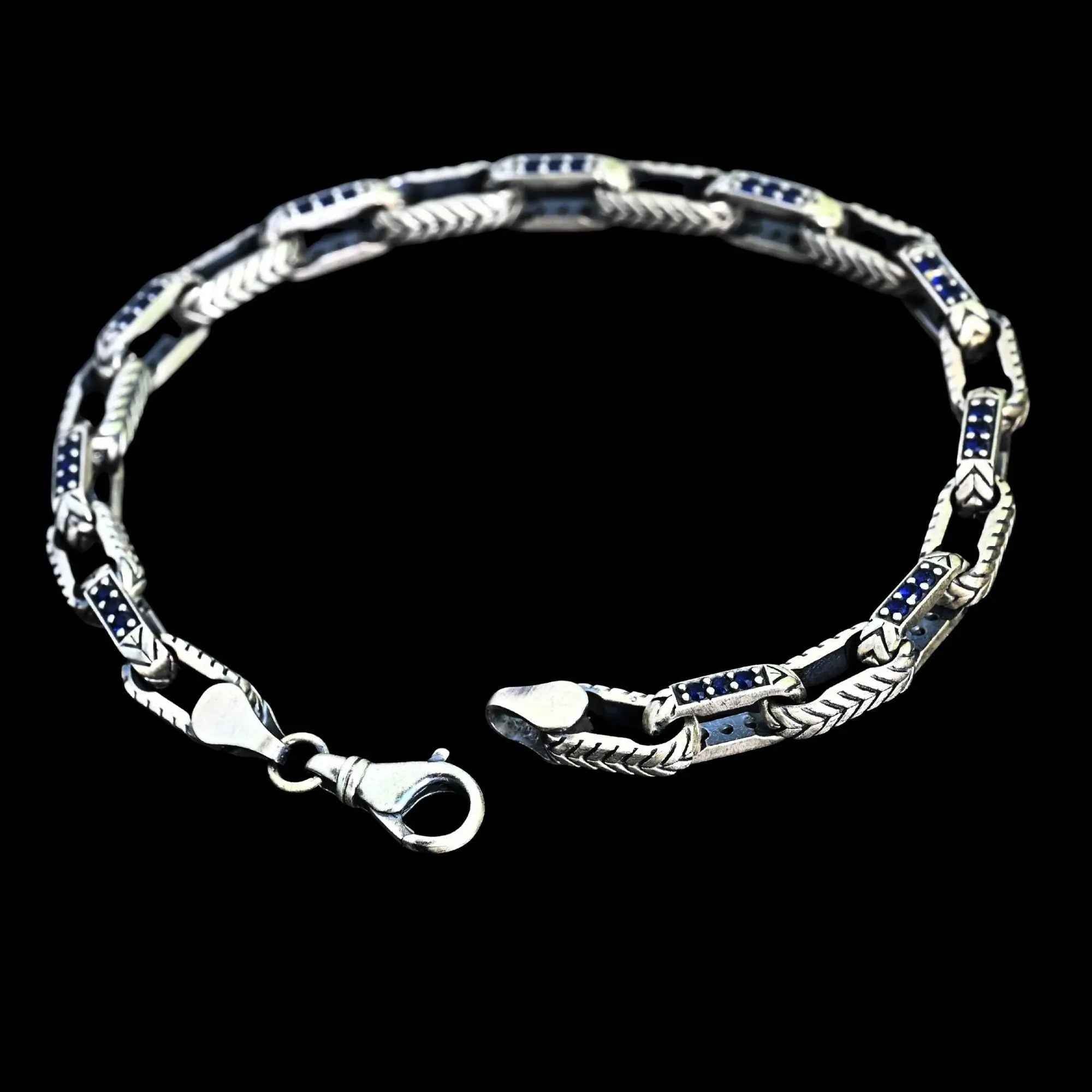 925 Sterling Silver Men’s Bracelet with Blue Stones, Handmade Chain Bracelet, Bold Masculine Jewelry