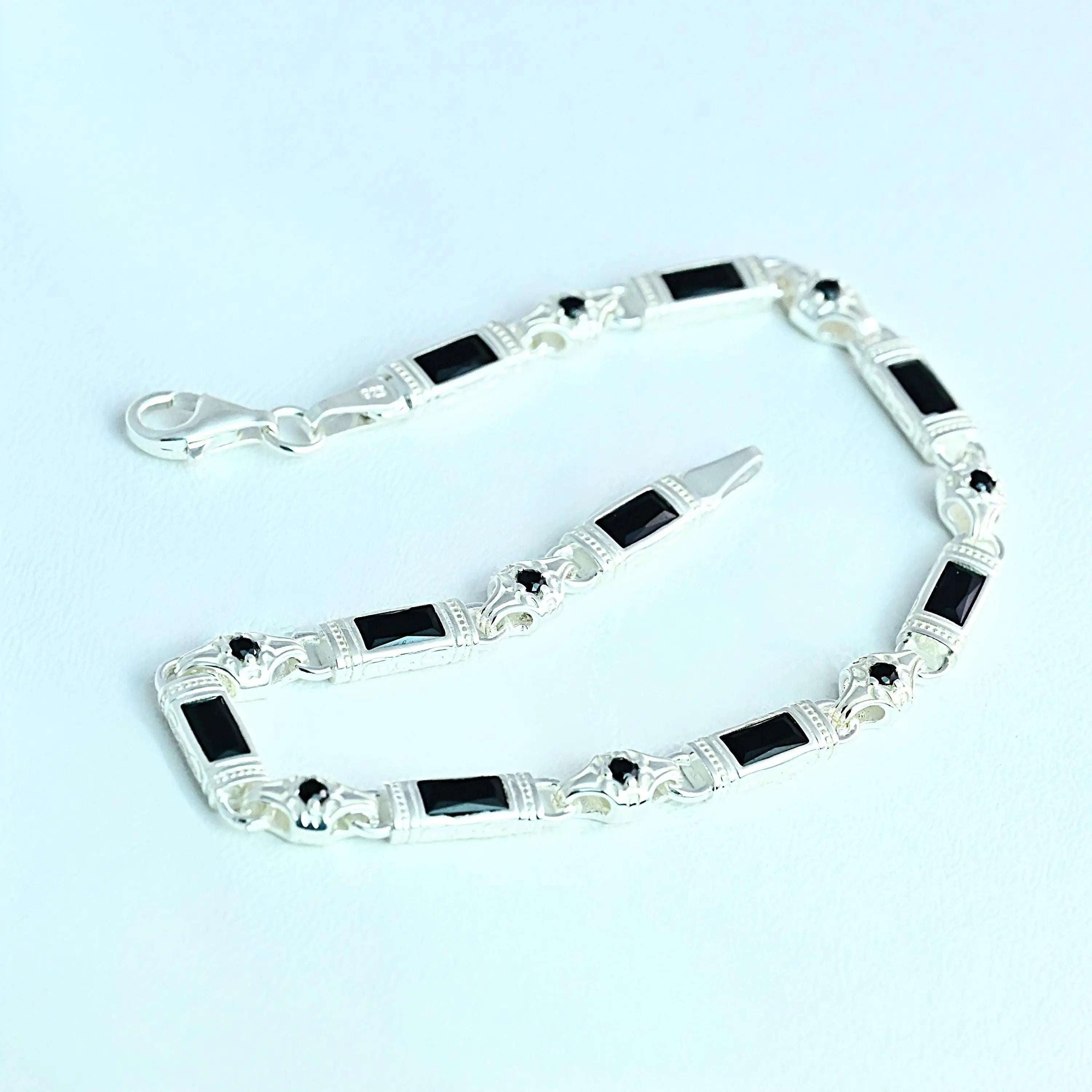 Black Zircon Baguette Stone Bracelet Handmade Sterling Silver Chain   Charmora Jewelry