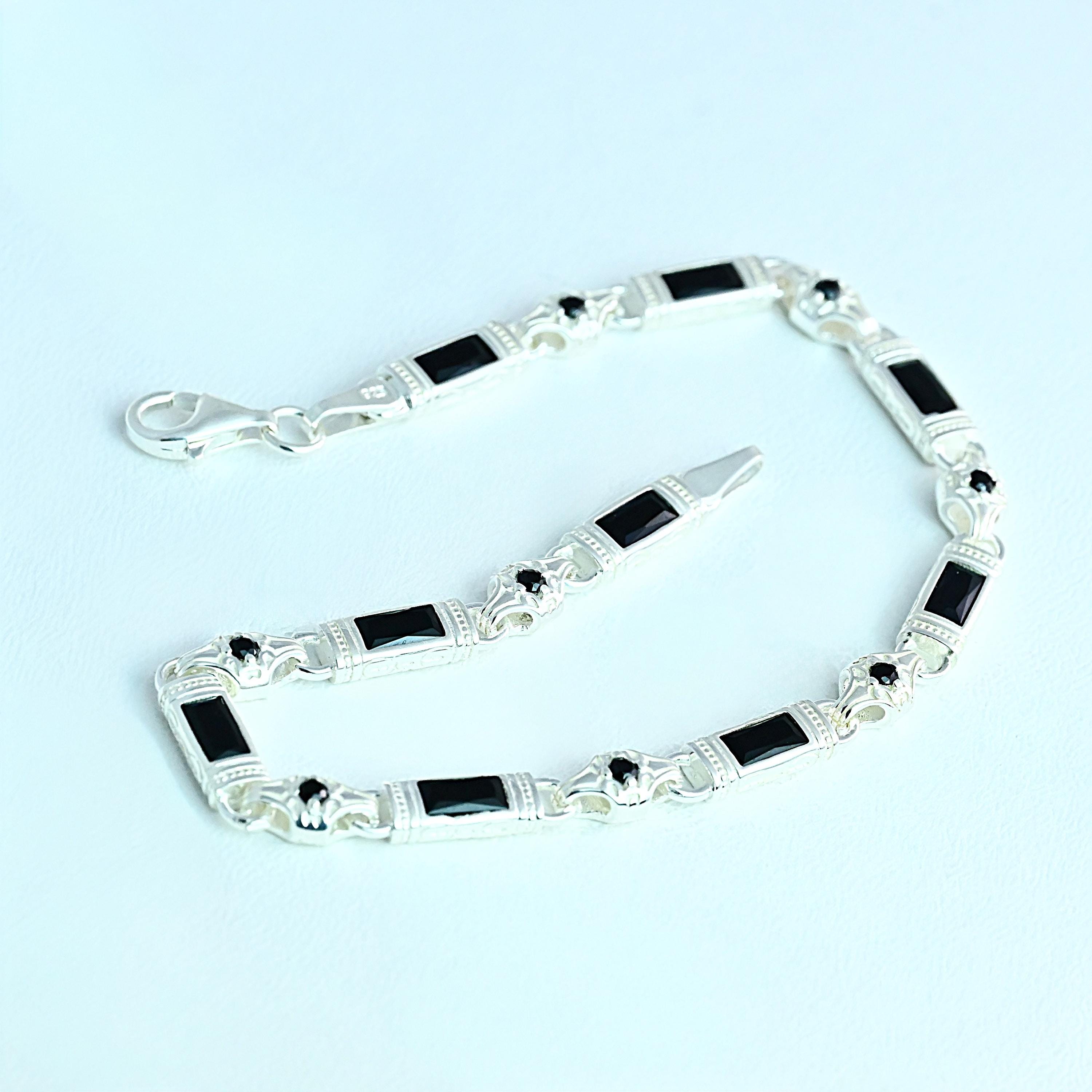 Black Zircon Baguette Stone Bracelet – Handmade Sterling Silver Chain