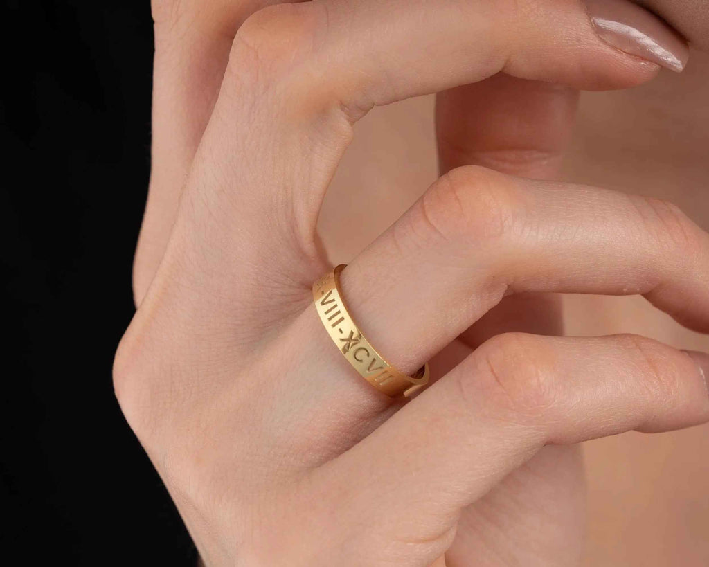 Solid Gold Roman Numeral Date Ring: Personalized Anniversary Jewelry