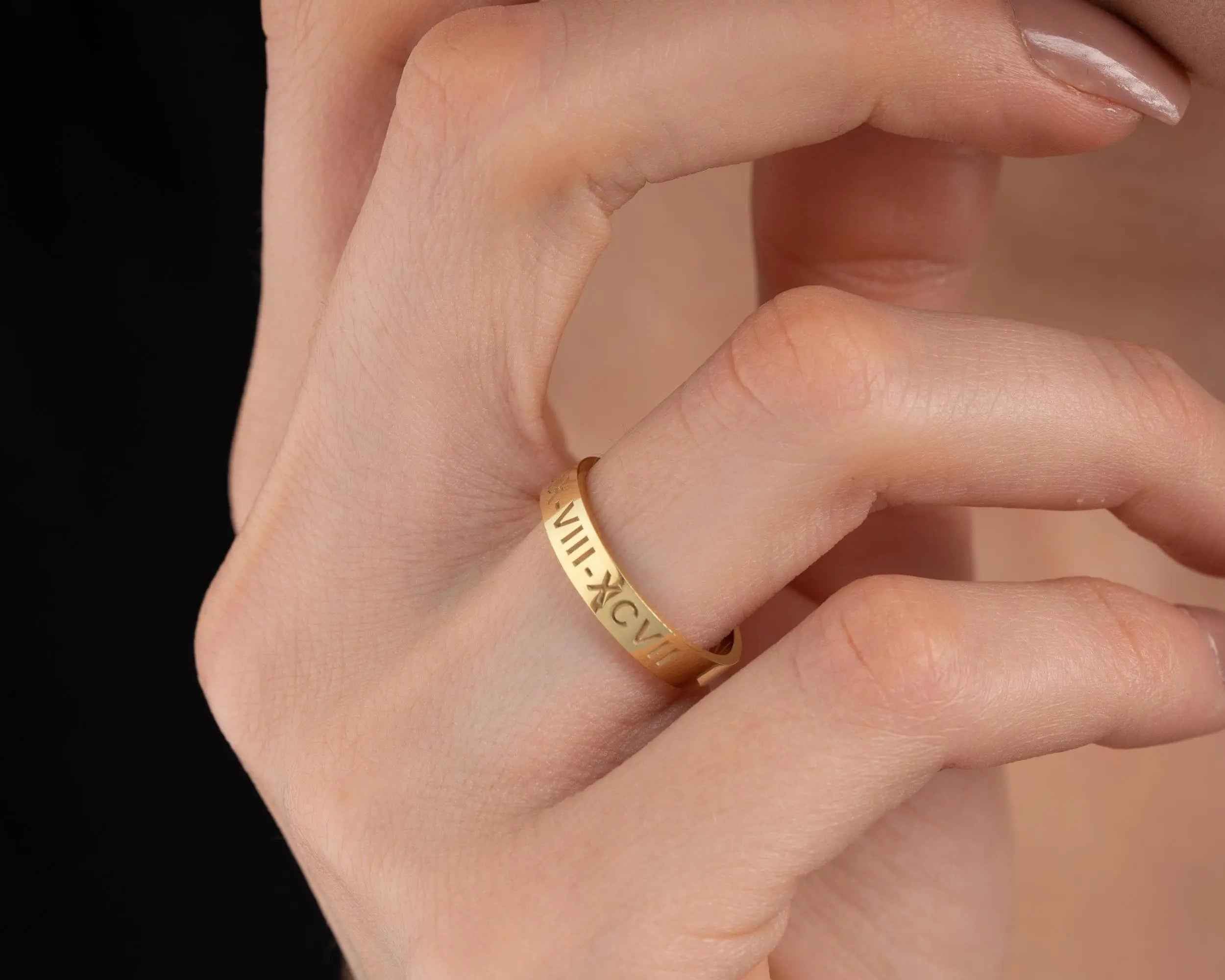 Solid Gold Roman Numeral Date Ring: Personalized Anniversary Jewelry