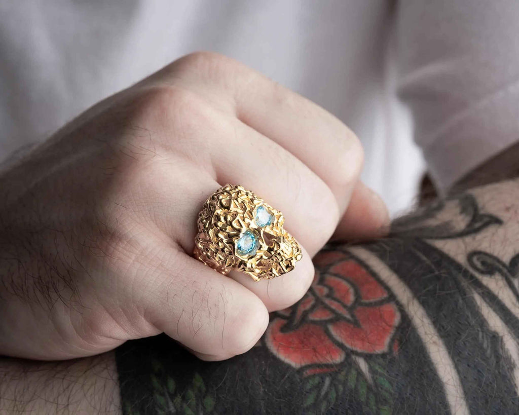 Sterling Silver Skull Ring: Turquoise Zircon Gothic Mens Jewelry