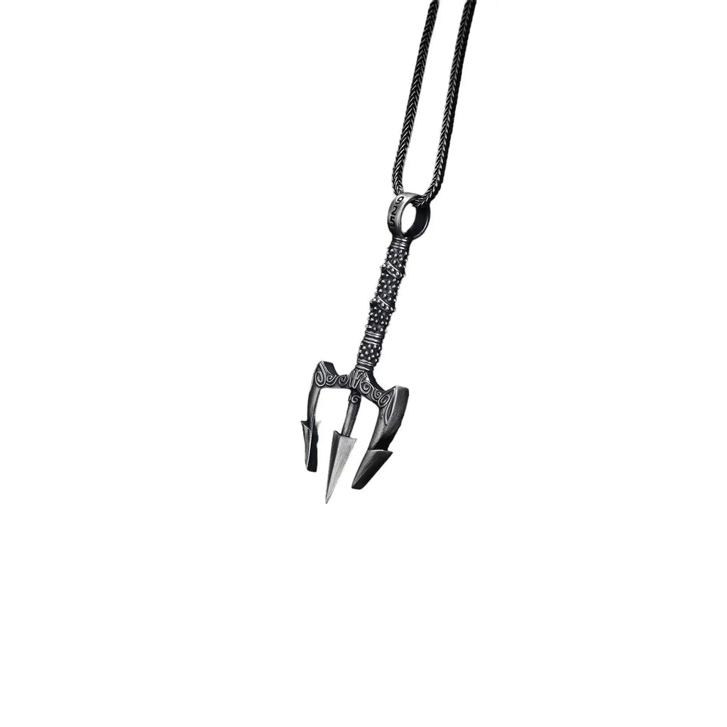 Oxidized Sterling Silver Trident Necklace: Poseidon Spear Pendant   Charmora Jewelry