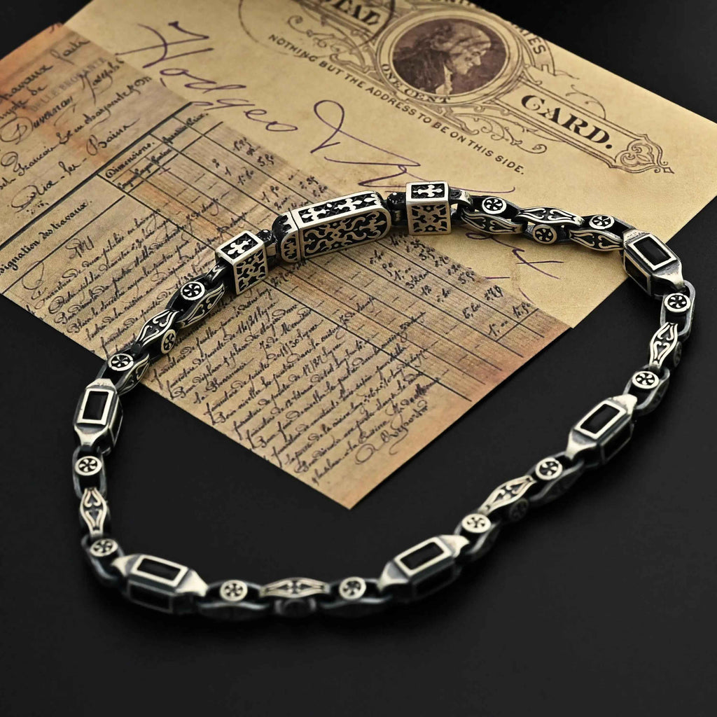 Sterling Silver Men's Bracelet: Black Zircon Vintage Link Design
