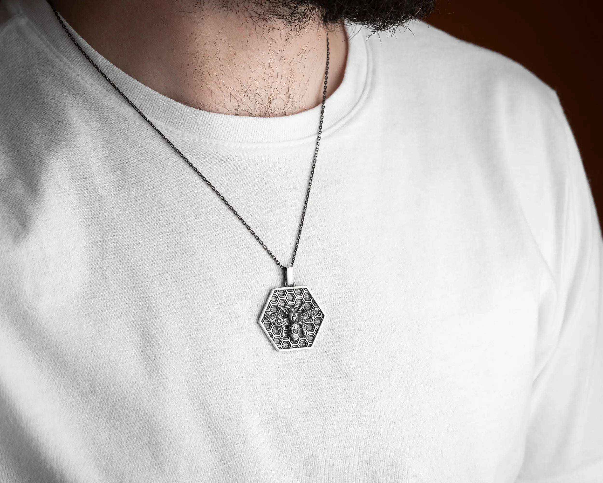 Sterling Silver Honeycomb Bee Pendant Necklace