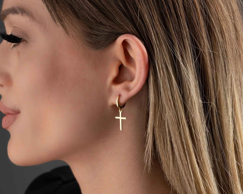 Solid Gold Cross Earrings, Religious Jewelry, Christmas Gift