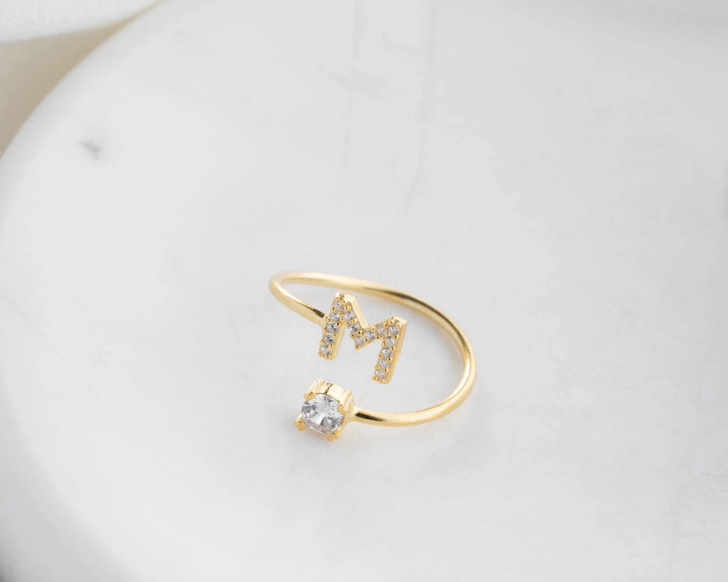 Solid Gold Initial Ring with Stone: Personalized Letter Ring   Charmora Jewelry