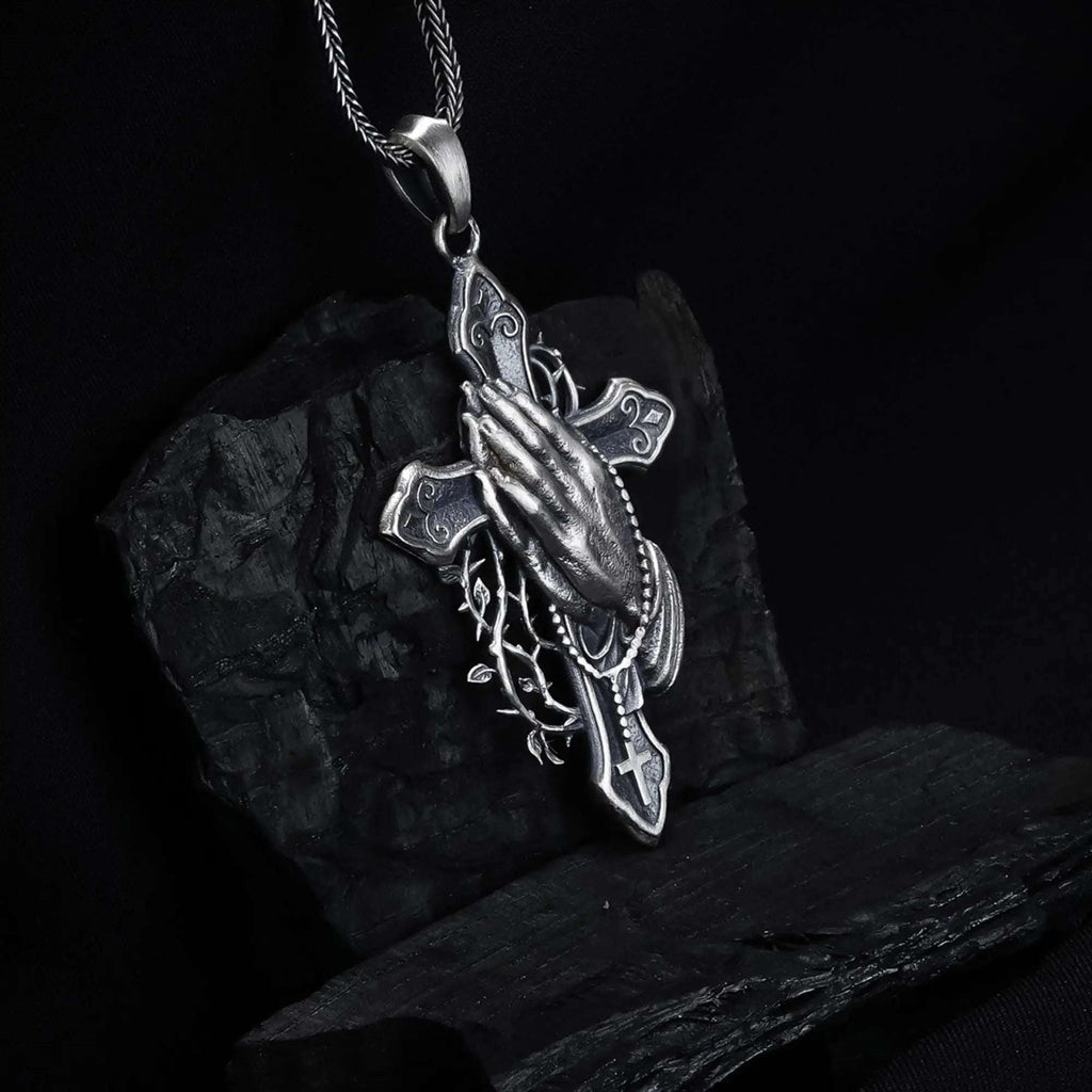 Sterling Silver Praying Hands Cross Necklace, Religious Pendant   Charmora Jewelry
