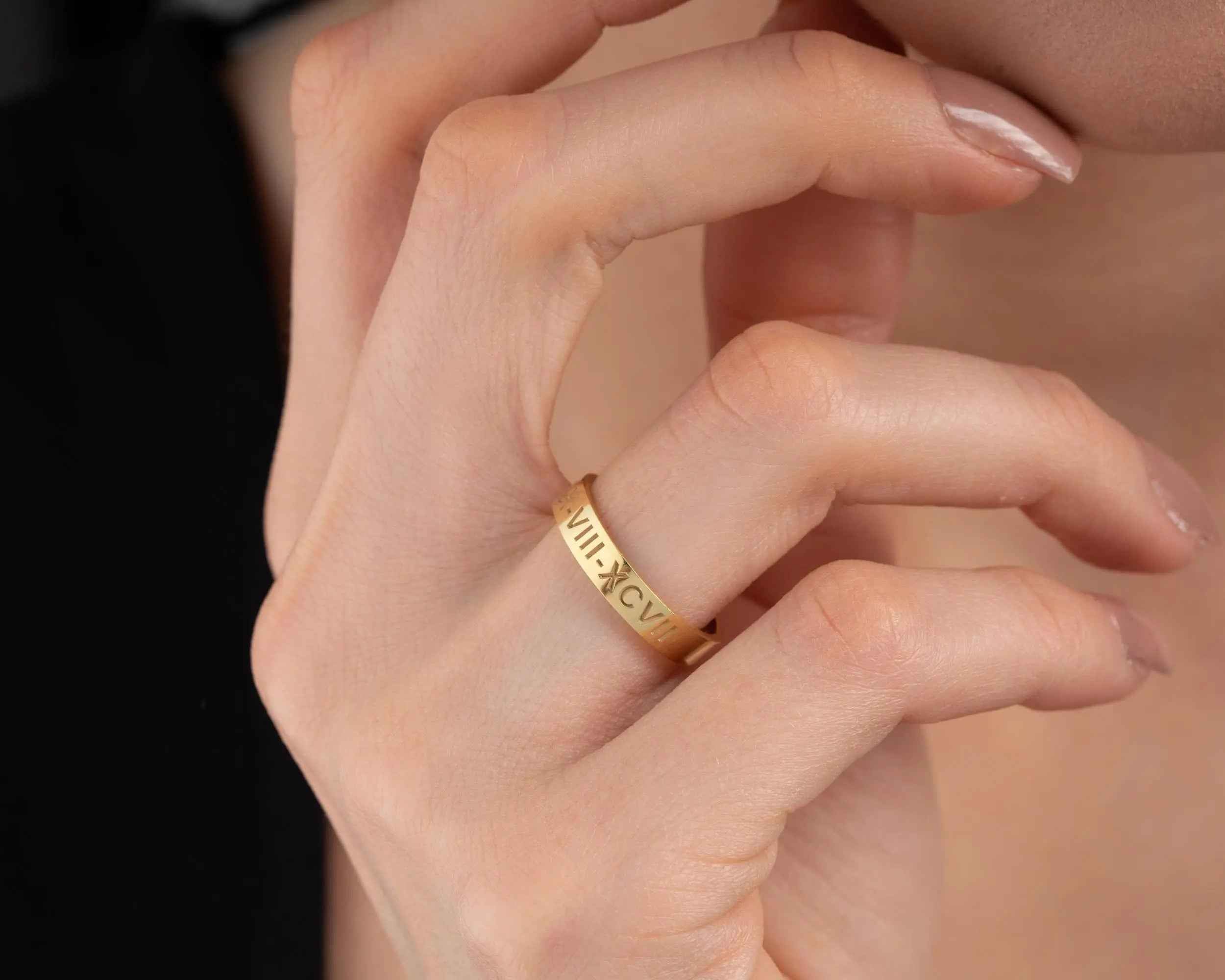 Solid Gold Roman Numeral Date Ring: Personalized Anniversary Jewelry