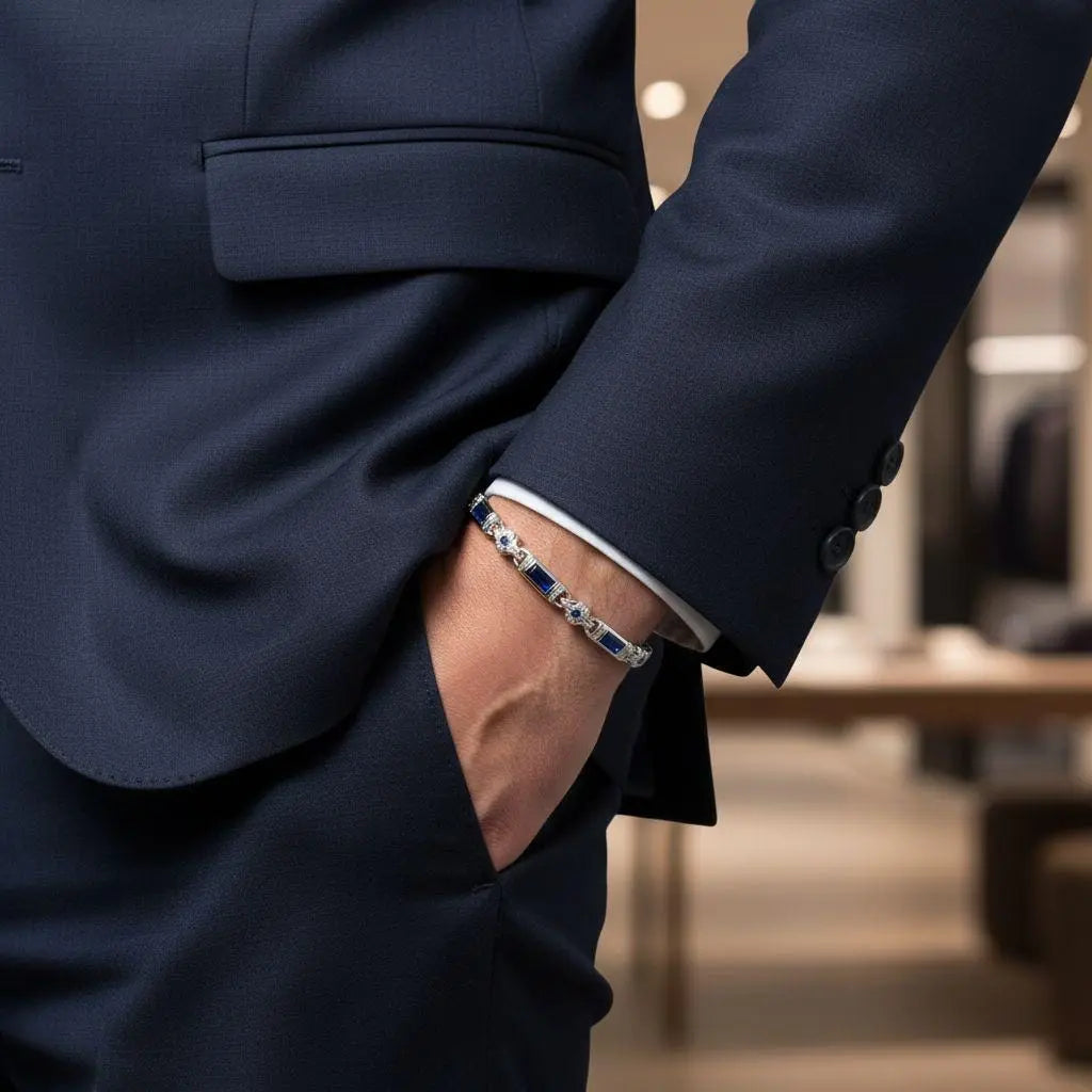 Bracelet homme en argent sterling 925 : Onyx - Grenat - Zircon bleu marine, maille vintage